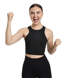 Photo of Beautiful woman in sportswear running on white background