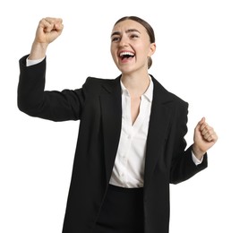 Young businesswoman in suit running on white background