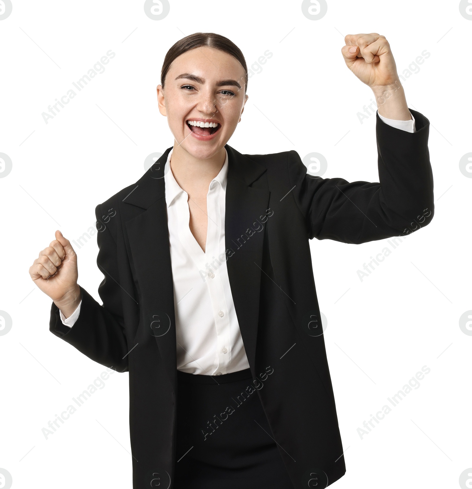 Photo of Young businesswoman in suit running on white background