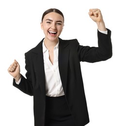 Young businesswoman in suit running on white background