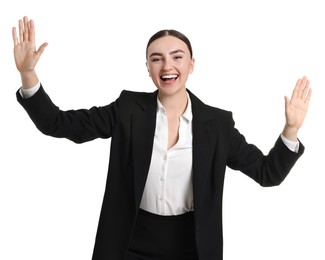 Photo of Young businesswoman in suit running on white background