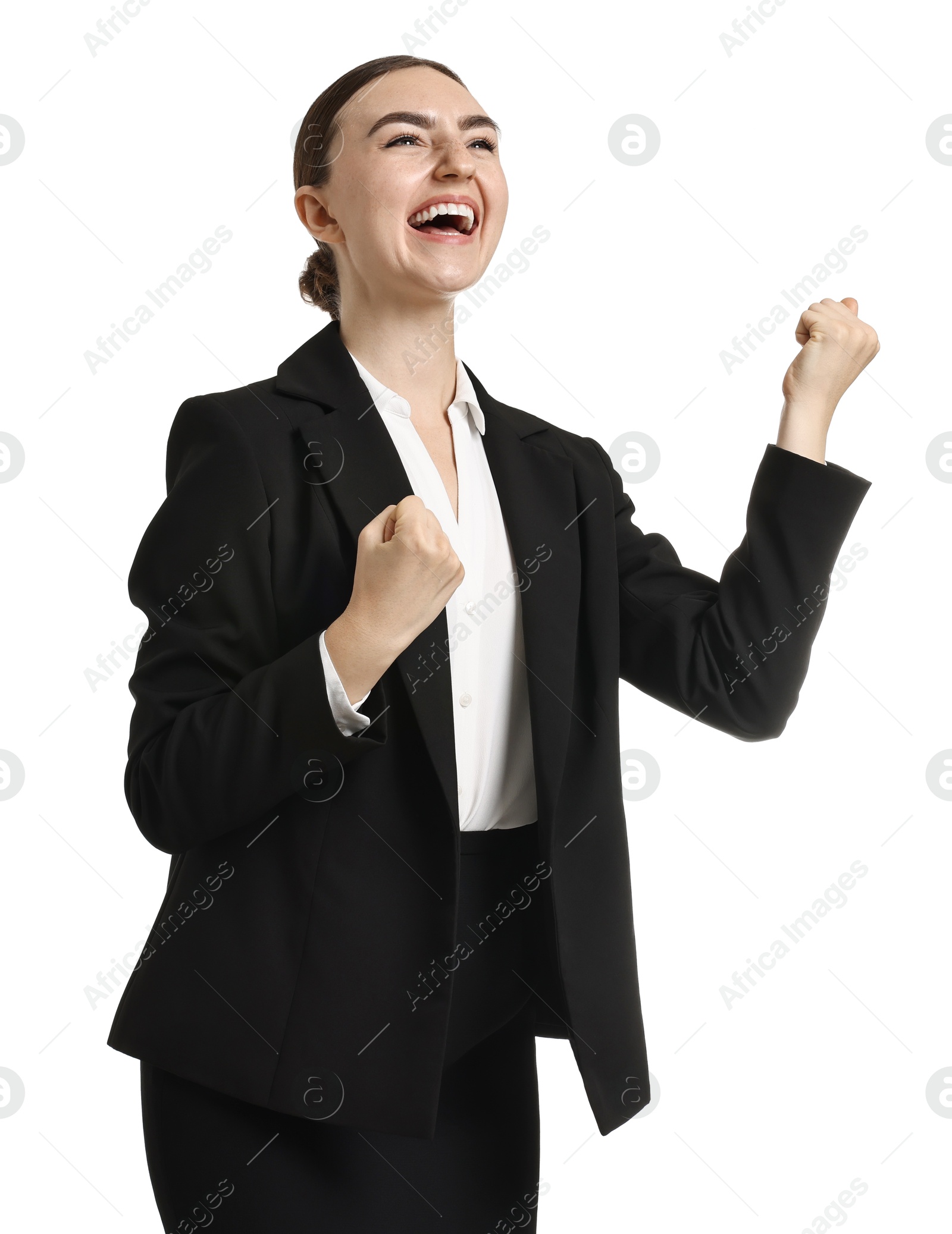 Photo of Young businesswoman in suit running on white background