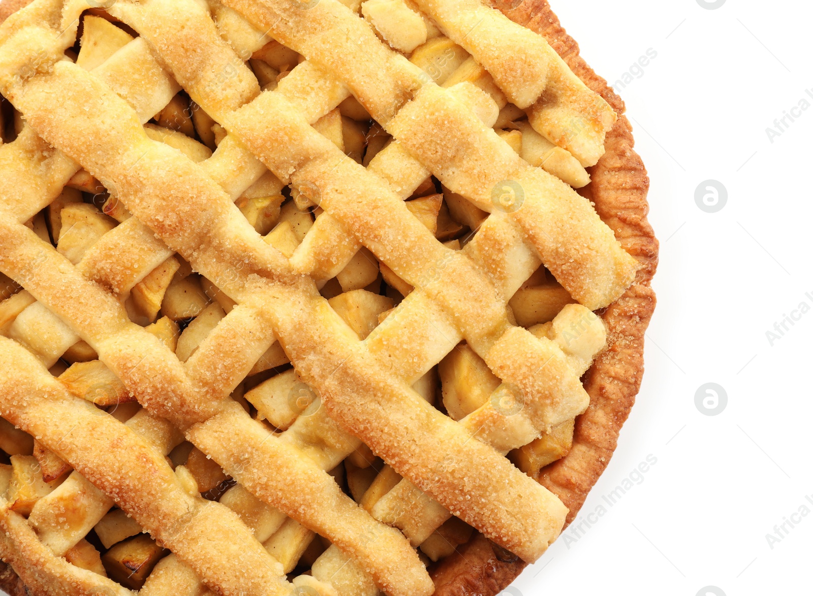 Photo of Tasty homemade apple pie isolated on white, top view