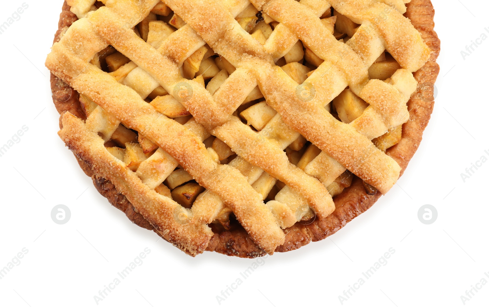 Photo of Tasty homemade apple pie isolated on white, top view