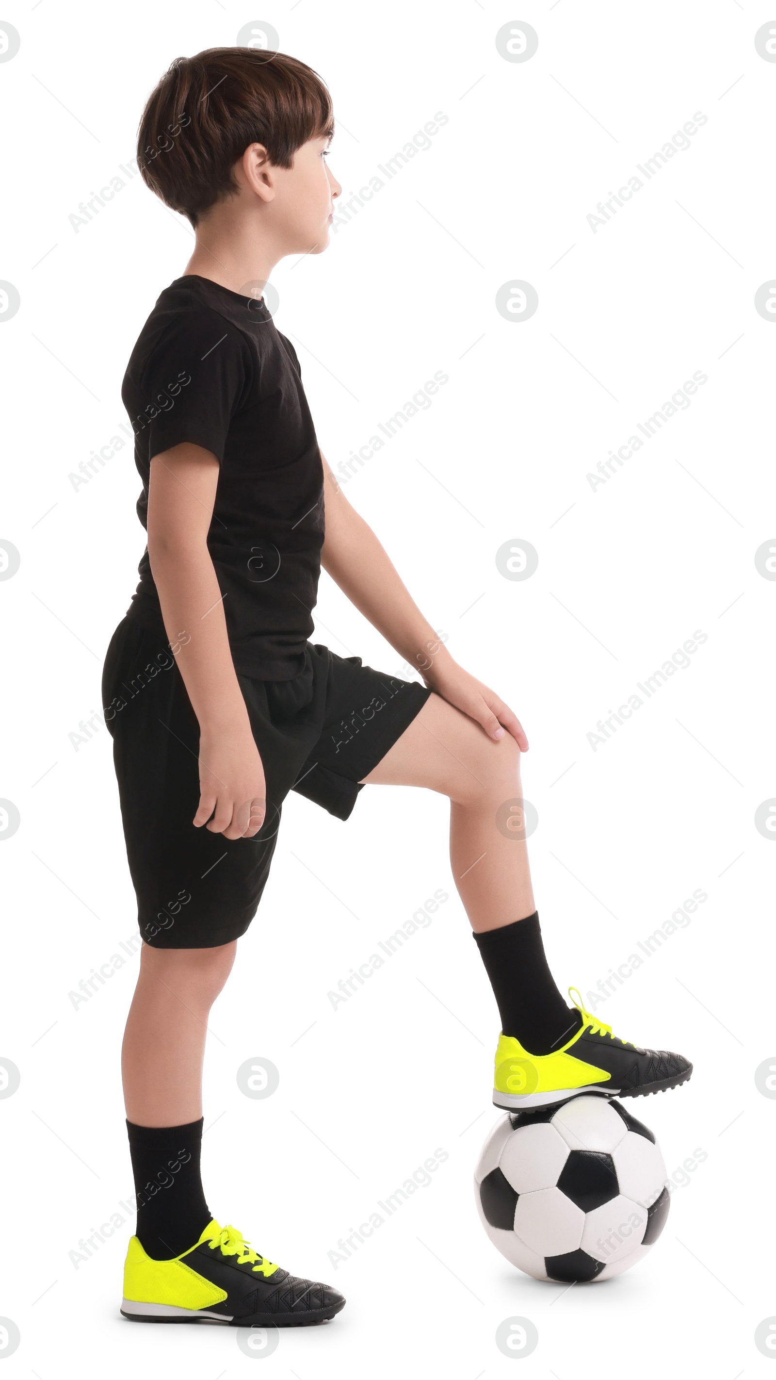 Photo of Football player with soccer ball on white background