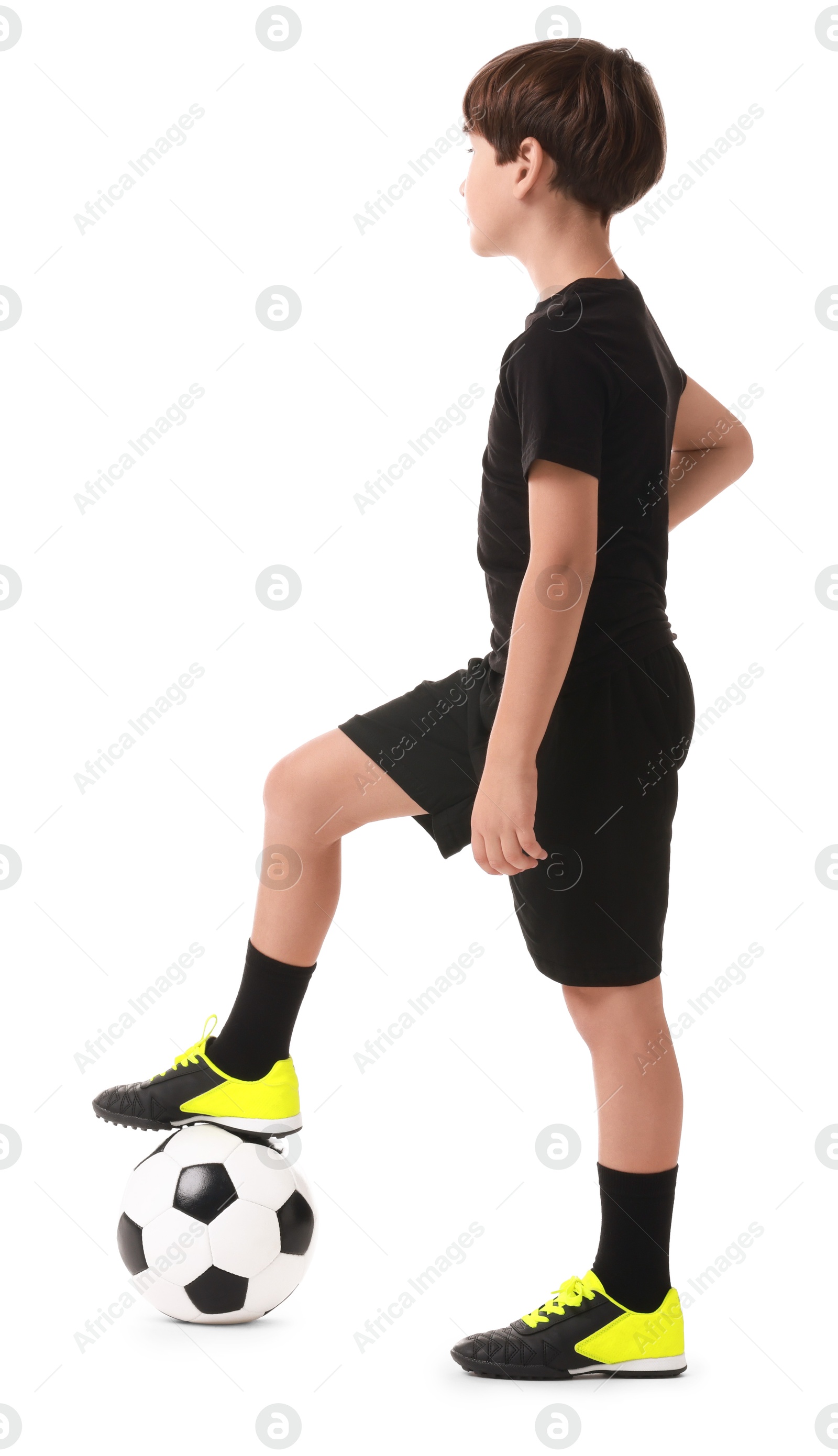 Photo of Football player with soccer ball on white background