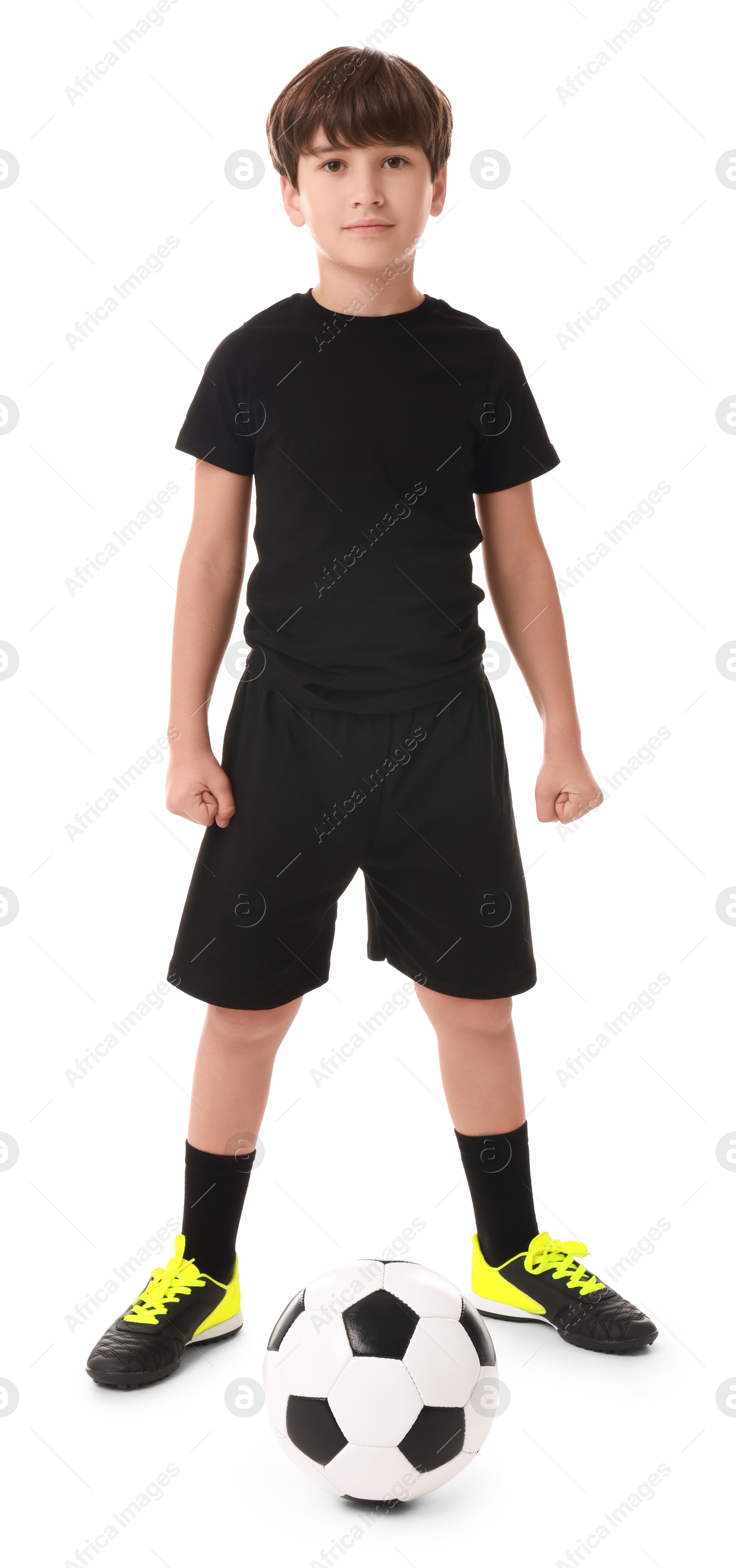 Photo of Football player with soccer ball on white background