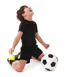 Photo of Emotional football player with soccer ball on white background