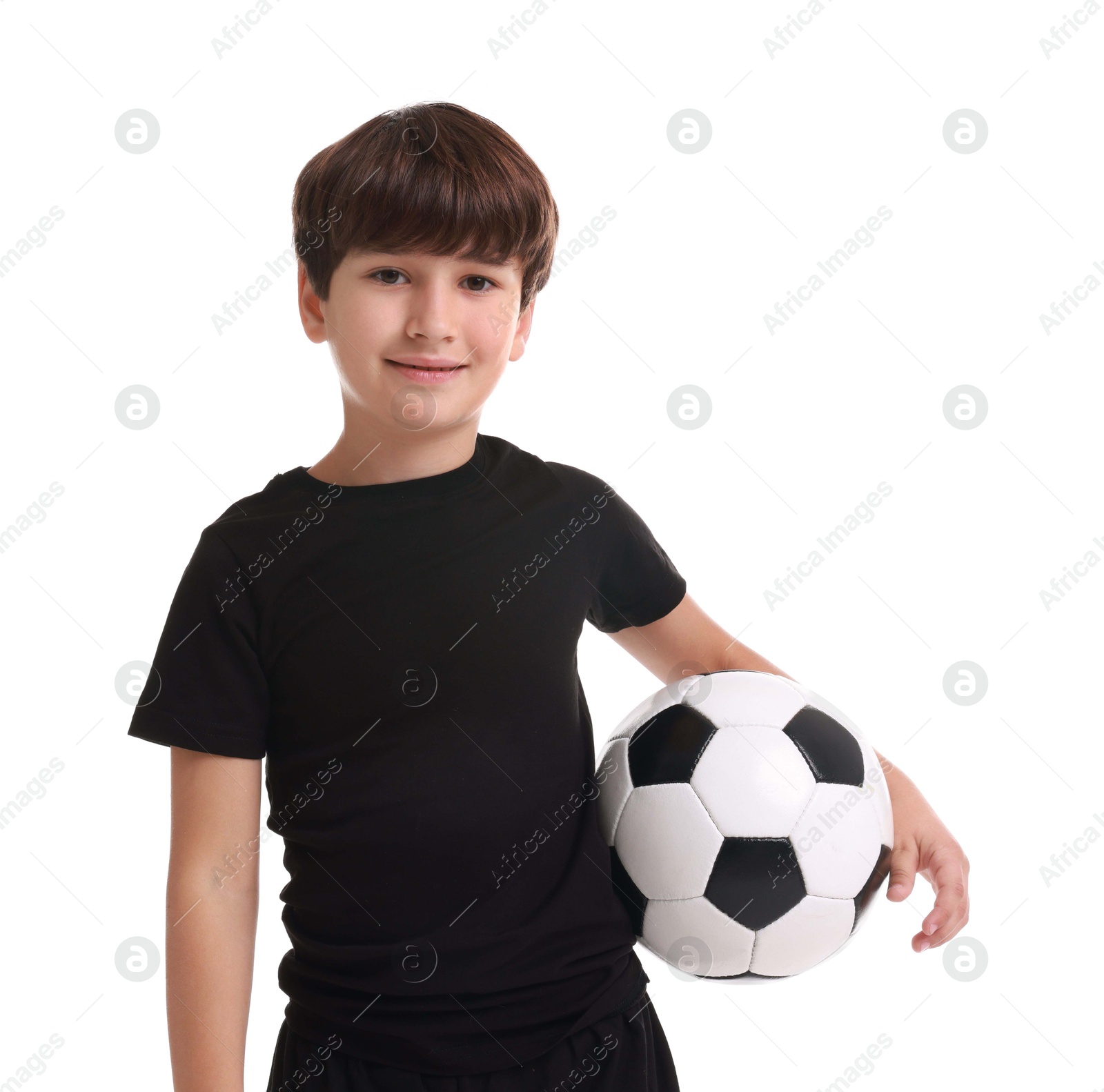 Photo of Football player with soccer ball on white background