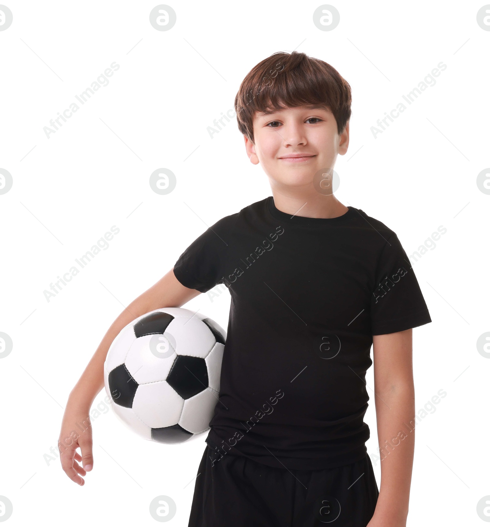 Photo of Football player with soccer ball on white background