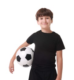 Photo of Football player with soccer ball on white background