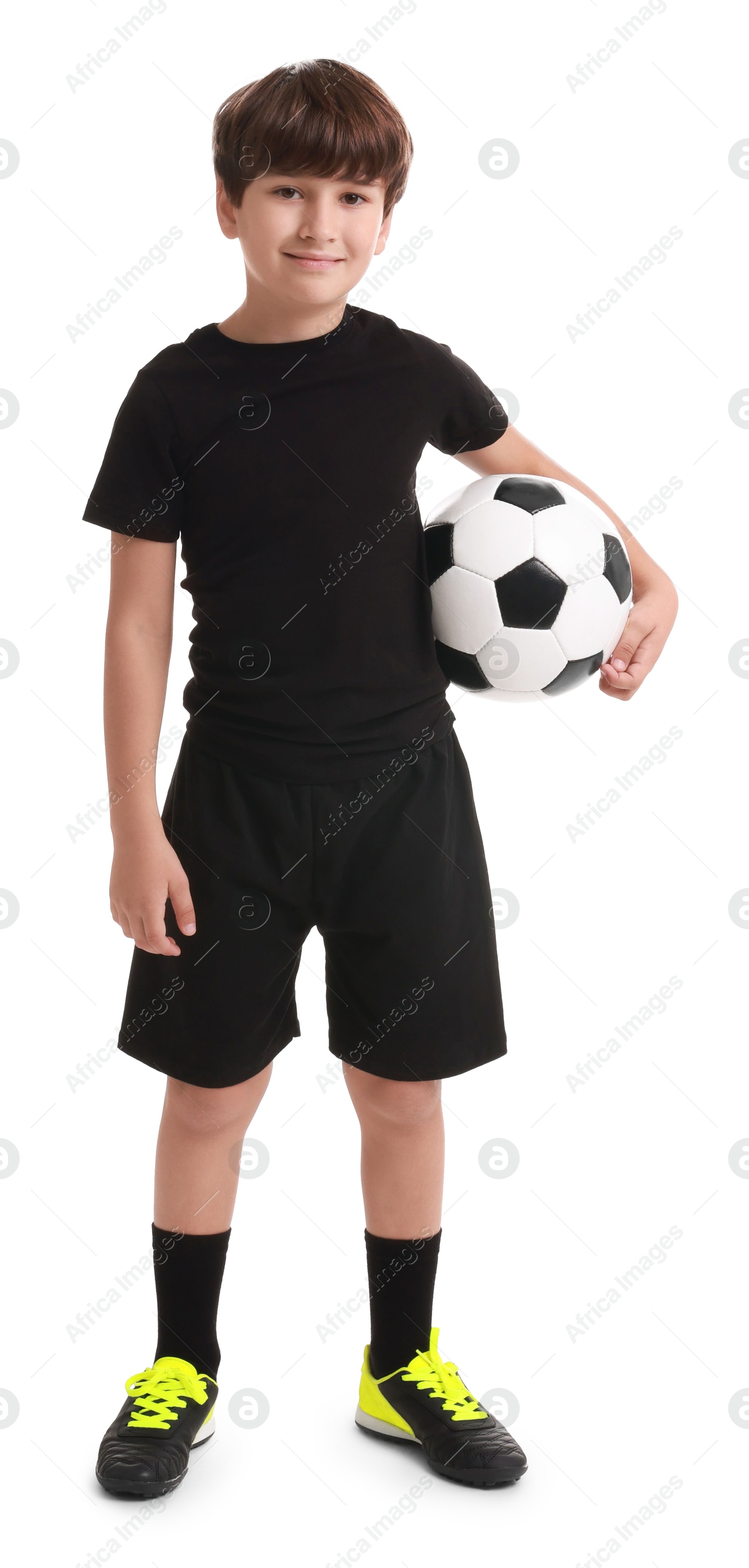 Photo of Football player with soccer ball on white background