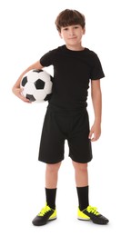 Photo of Football player with soccer ball on white background