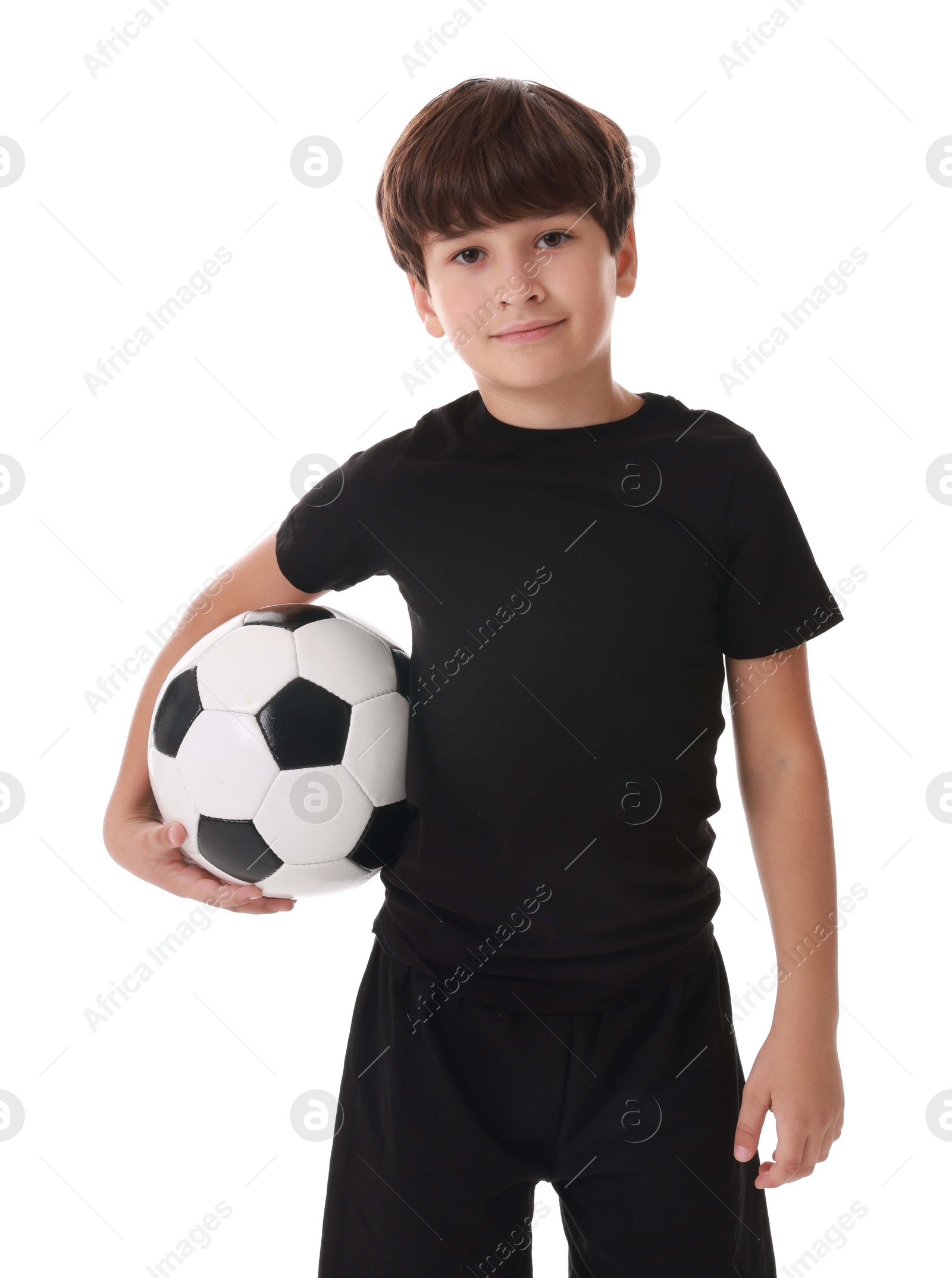 Photo of Football player with soccer ball on white background