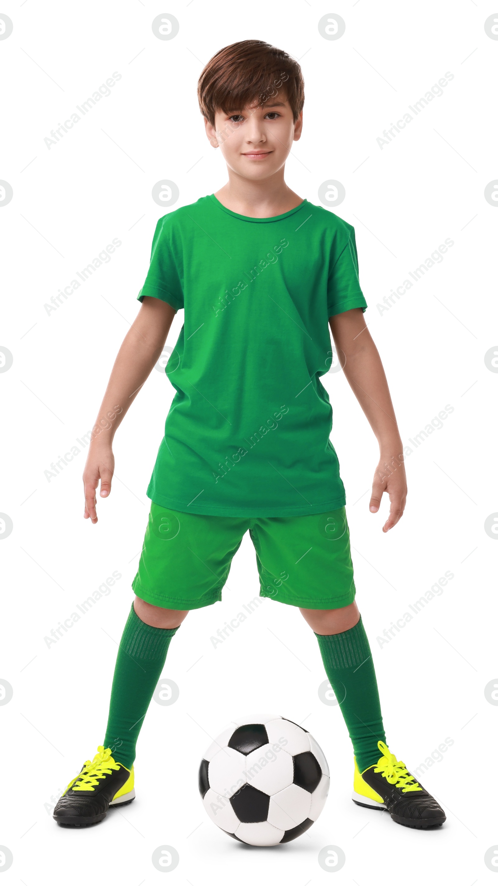 Photo of Football player with soccer ball on white background