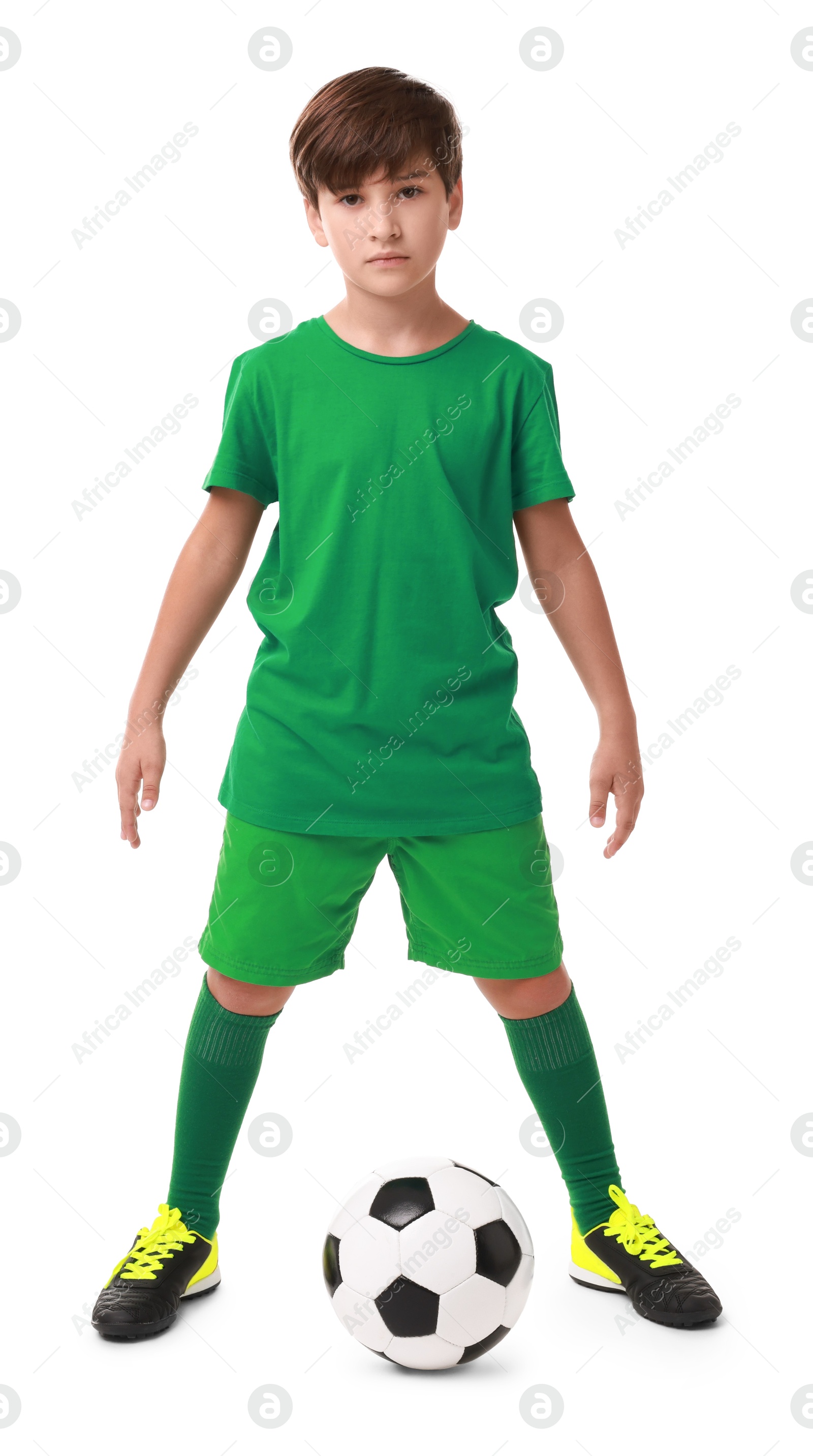 Photo of Football player with soccer ball on white background