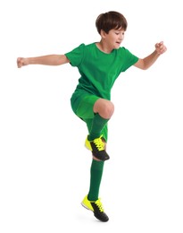 Photo of Boy with soccer ball playing football on white background