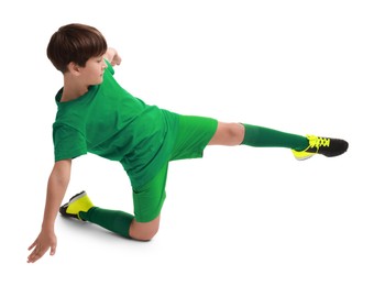 Photo of Boy with soccer ball playing football on white background