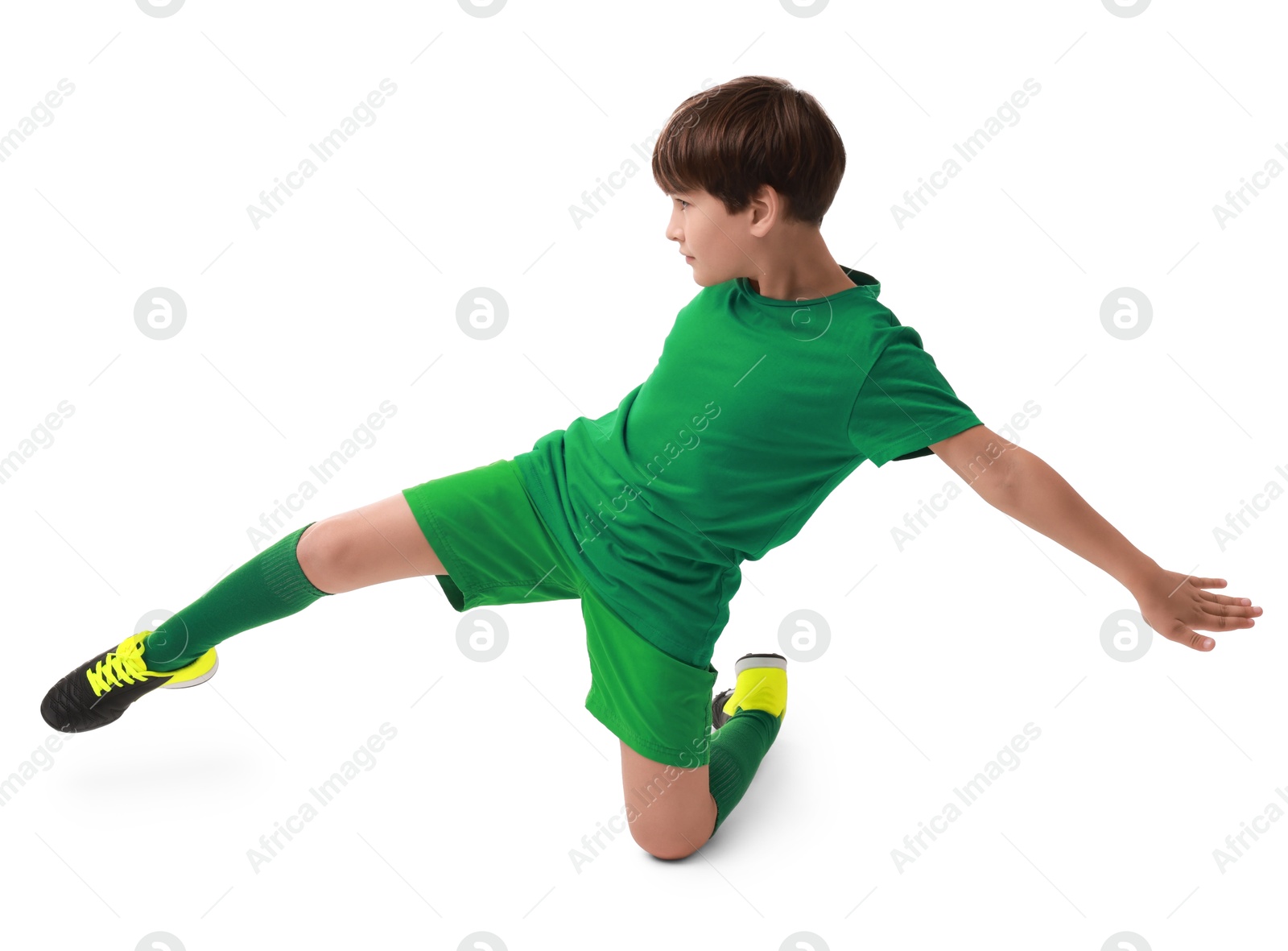 Photo of Boy with soccer ball playing football on white background