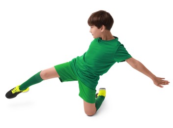 Photo of Boy with soccer ball playing football on white background