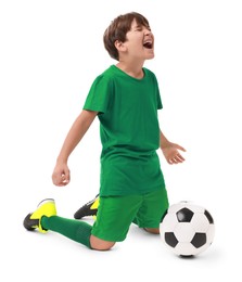 Photo of Emotional football player with soccer ball on white background