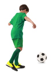 Photo of Boy with soccer ball playing football on white background