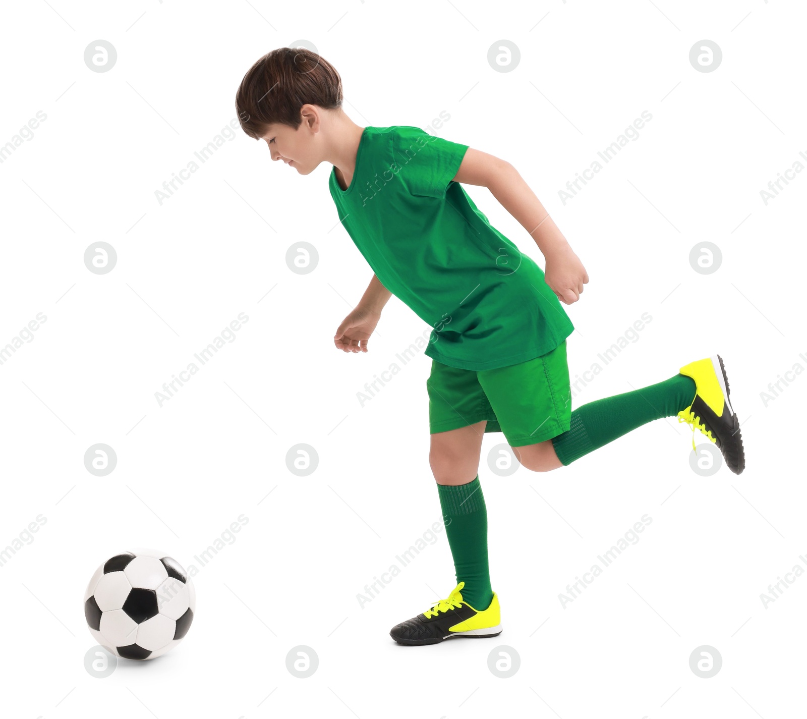 Photo of Boy with soccer ball playing football on white background