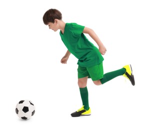 Photo of Boy with soccer ball playing football on white background