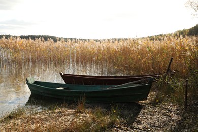 Photo of Two wooden boats and dry reeds growing near river