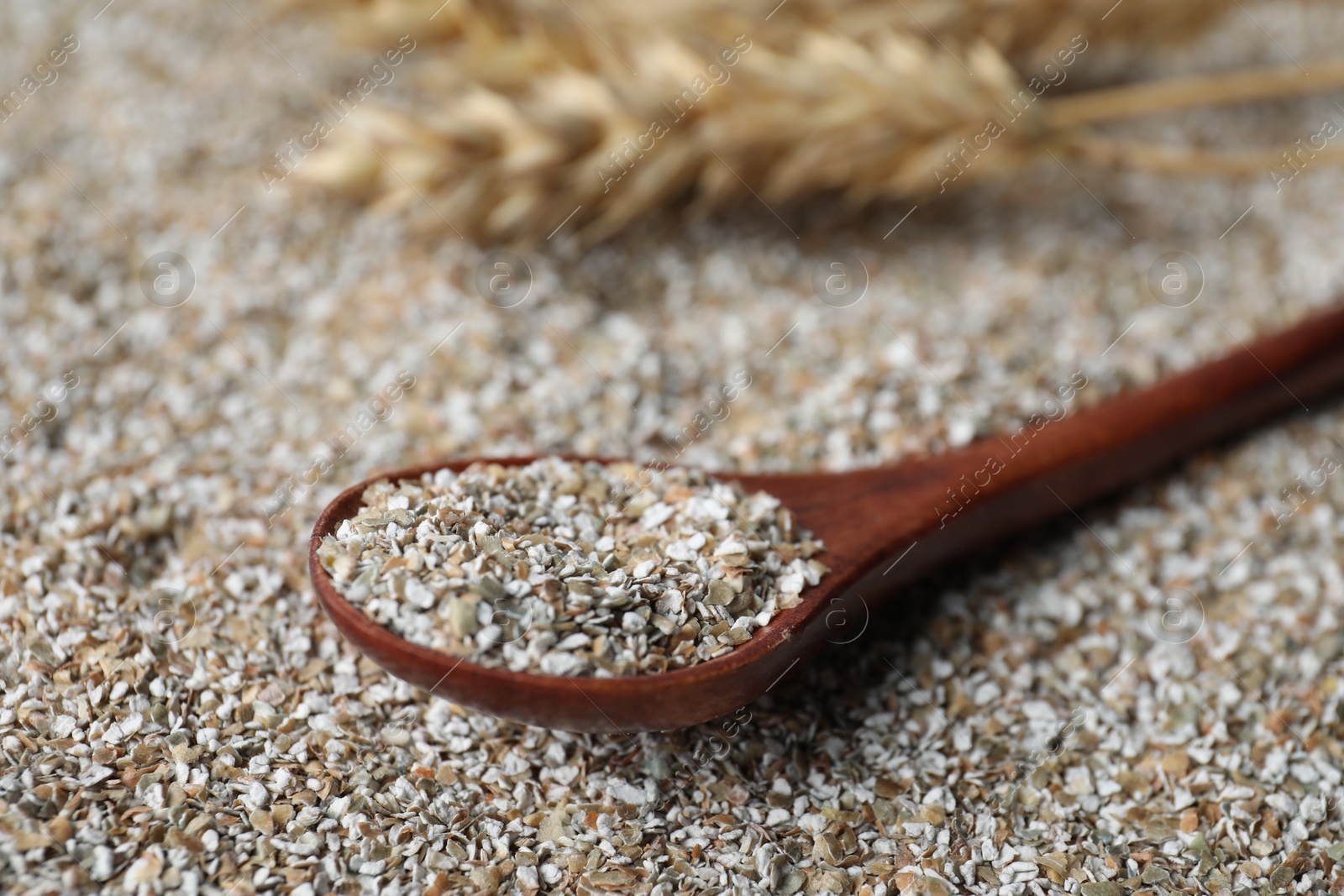 Photo of Spoon with fresh rye bran, closeup view