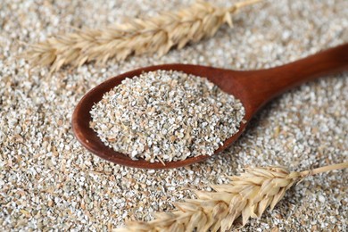 Photo of Spoon with fresh rye bran and spikelets, closeup