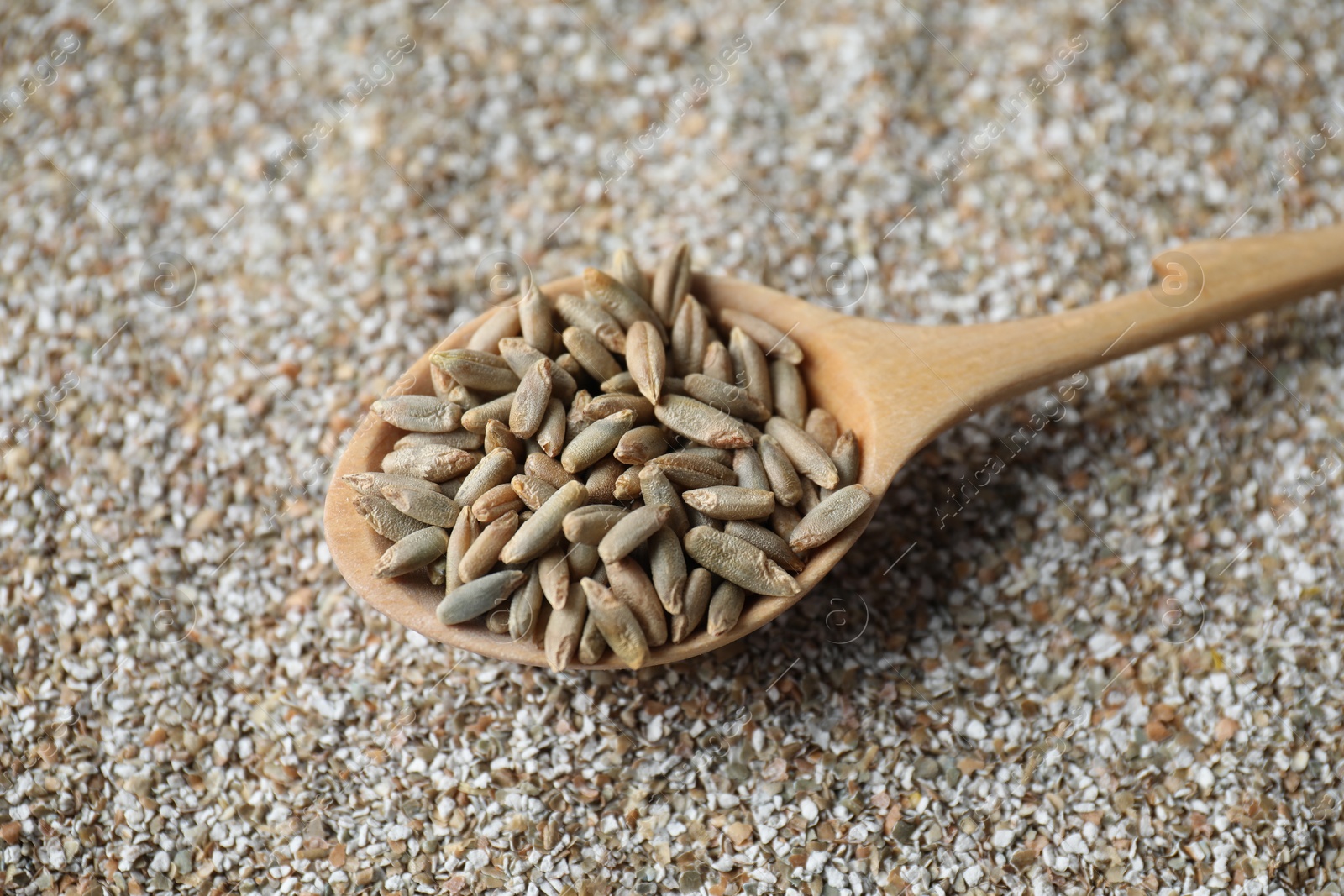 Photo of Spoon with fresh rye bran, closeup view