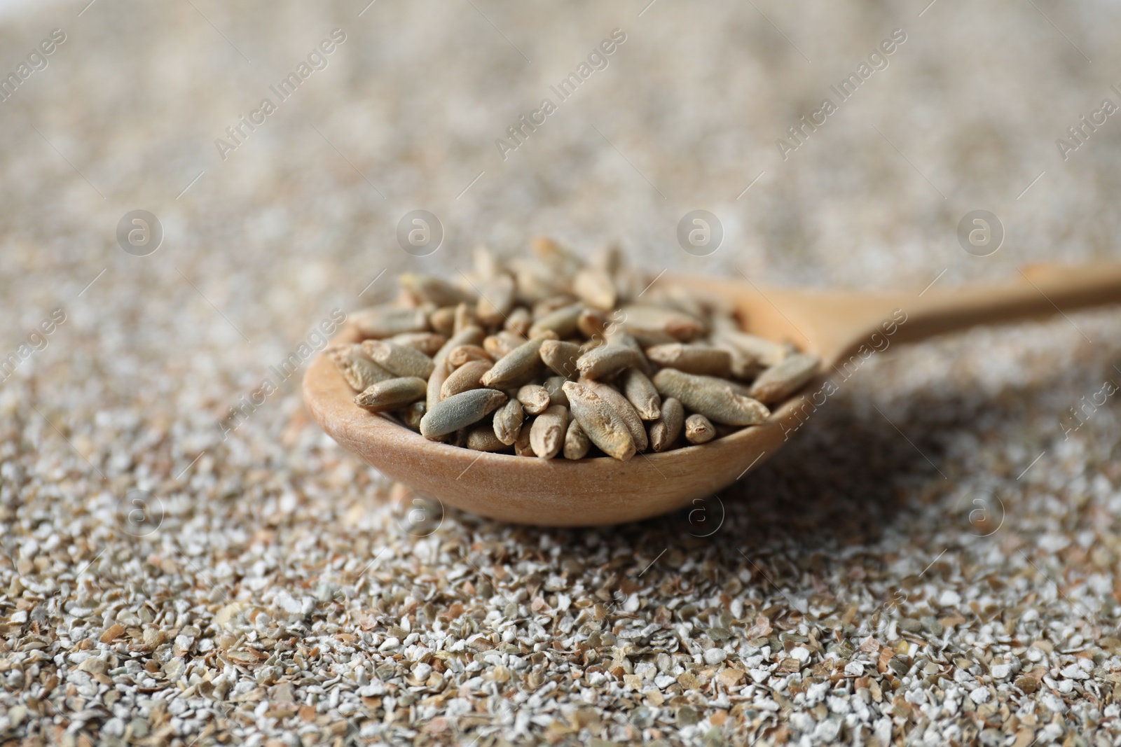 Photo of Spoon with fresh rye bran, closeup view