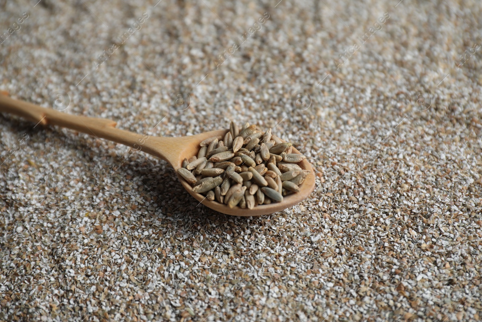 Photo of Spoon with fresh rye bran, closeup view