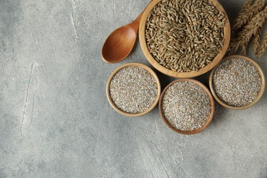 Photo of Fresh rye bran, kernels, spoon and spikelets on grey textured table, flat lay. Space for text