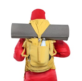 Photo of Woman with backpack and mat on white background, back view. Active tourism