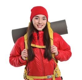 Smiling young woman with backpack on white background. Active tourism