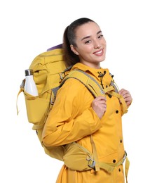 Photo of Smiling young woman with backpack on white background. Active tourism