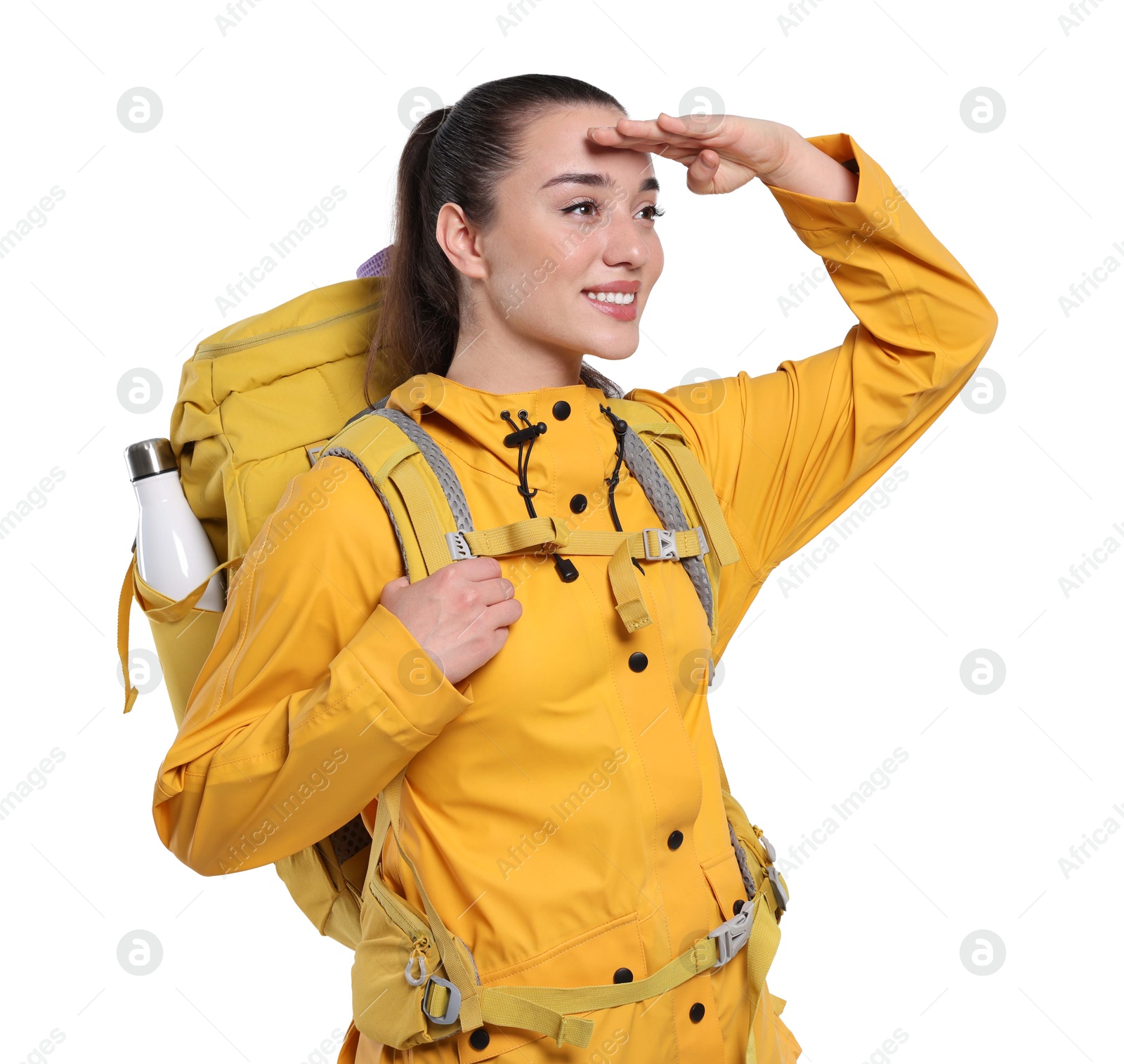 Photo of Smiling young woman with backpack on white background. Active tourism