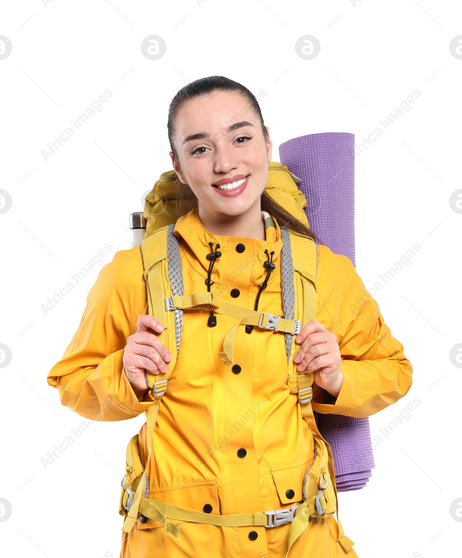 Photo of Smiling young woman with backpack on white background. Active tourism