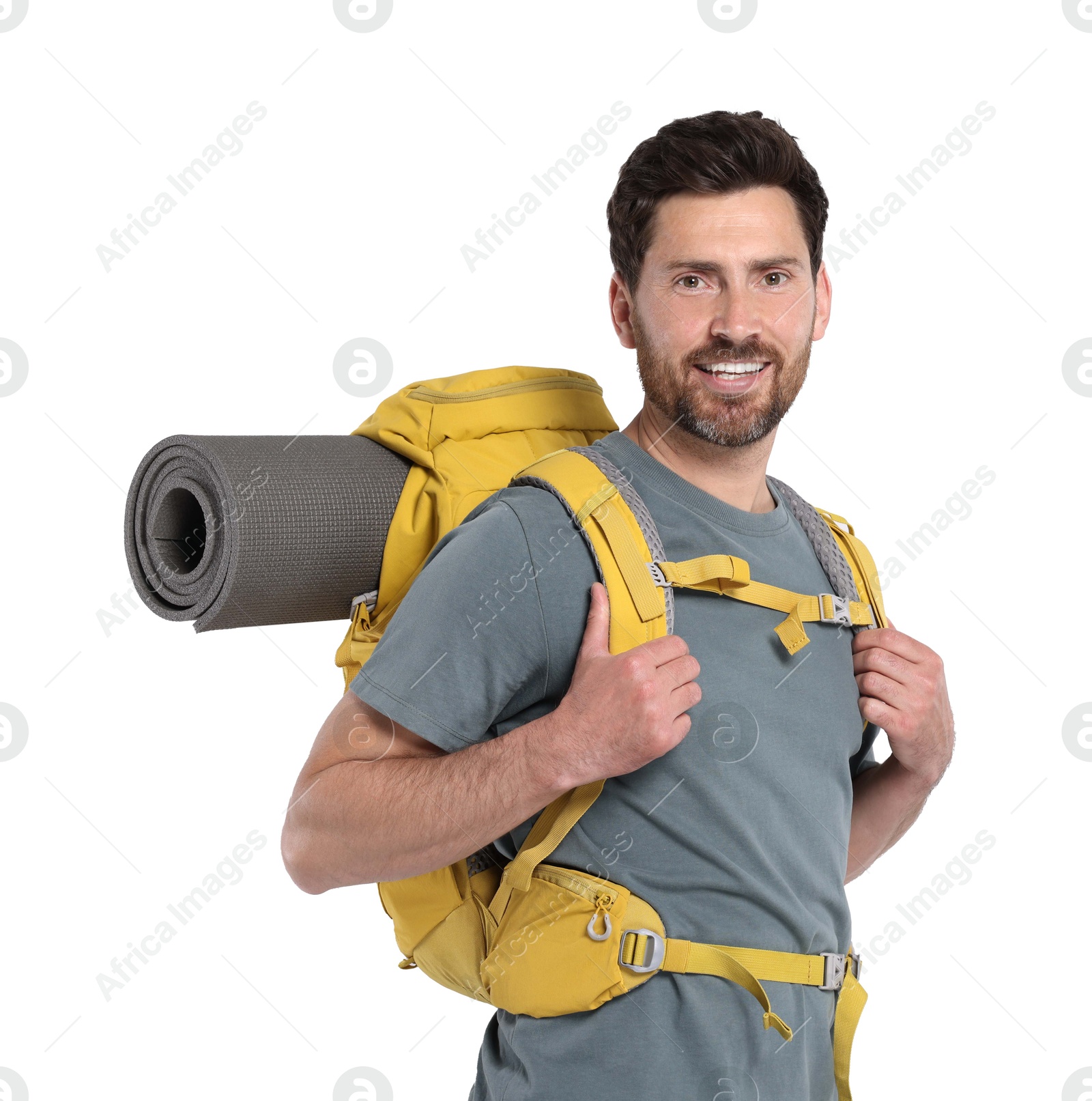 Photo of Happy man with backpack on white background. Active tourism