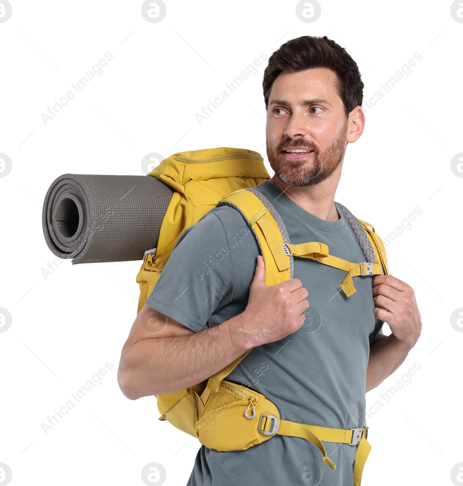 Photo of Man with backpack on white background. Active tourism