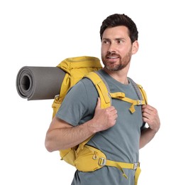 Man with backpack on white background. Active tourism