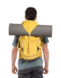 Man with backpack on white background, back view. Active tourism