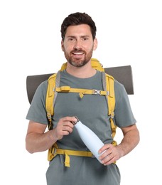 Happy man with backpack and thermo bottle on white background. Active tourism