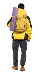 Man with backpack on white background, back view. Active tourism