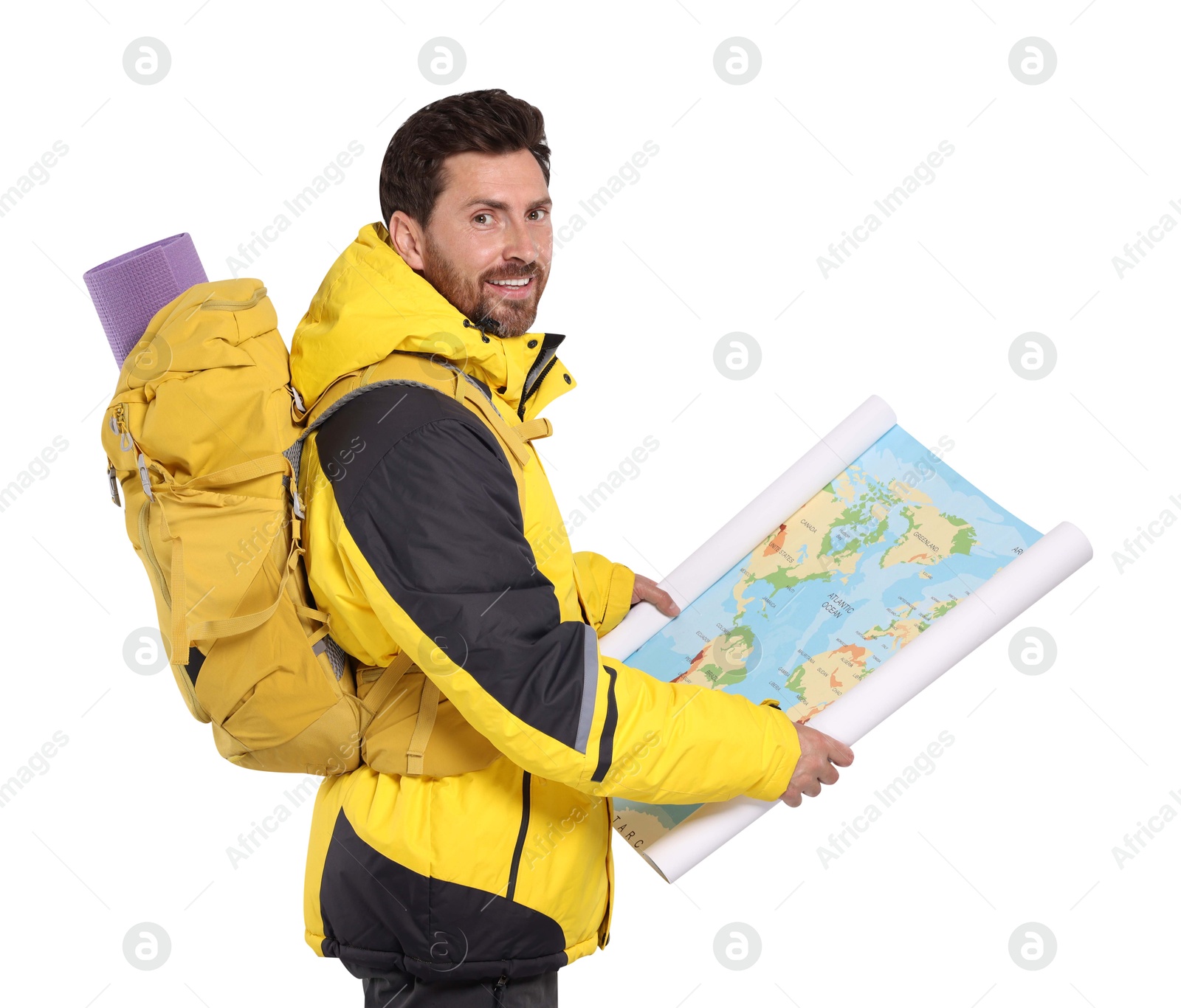 Photo of Happy man with backpack and map on white background. Active tourism