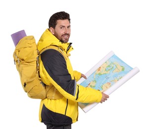 Happy man with backpack and map on white background. Active tourism