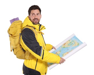 Happy man with backpack and map on white background. Active tourism