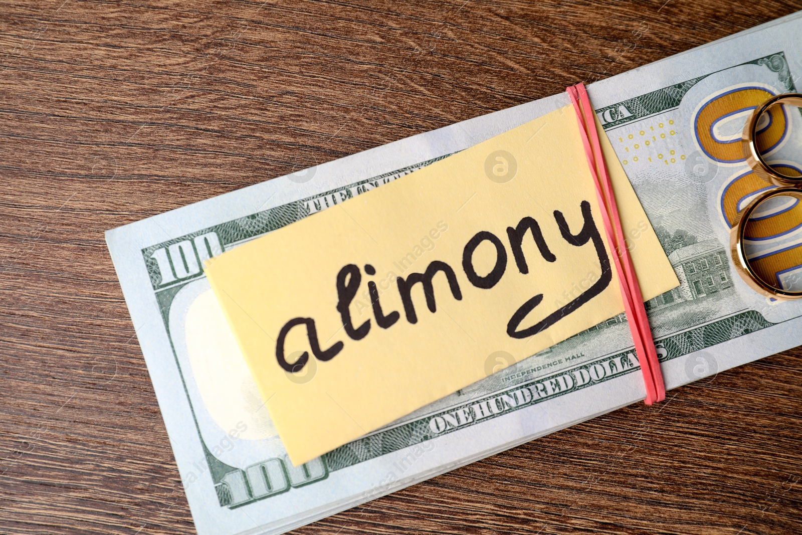 Photo of Card with word Alimony, dollar banknotes and rings on wooden table, top view